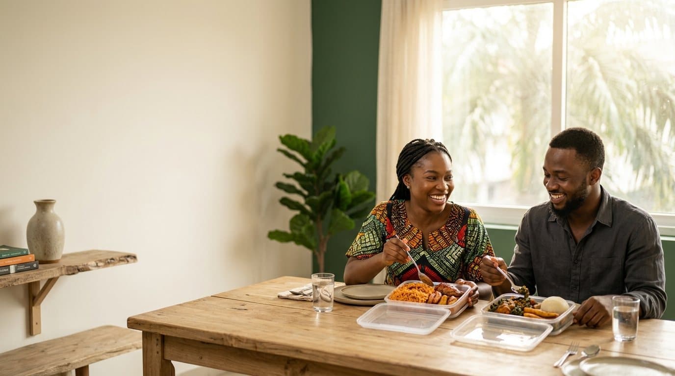 A couple eating Chop Lean meals from containers at their dining table